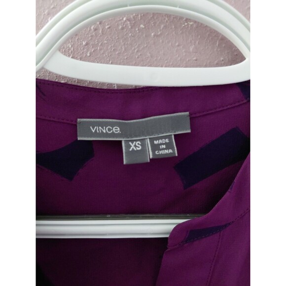 Vince Silk Roll Tab Sleeve Drawstring Waist Purple Geometric Maxi Dress Sz XS - Picture 7 of 15